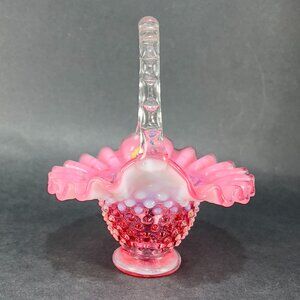 Vtg Fenton Glass Basket 3835 Hobnail Cranberry Pink Opalescent Bamboo Handle 50s